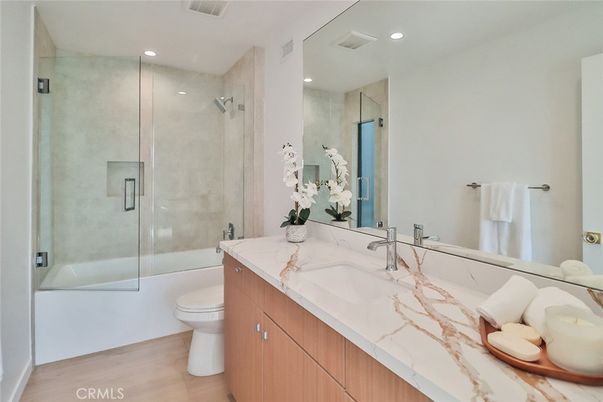 Bathroom, Glass Shower, Interior, Recessed Lighting, Wood Texture Flooring