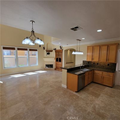 Chandelier, Empty room, Fireplace, Interior, Kitchen, Pendant Lights, Recessed Lighting