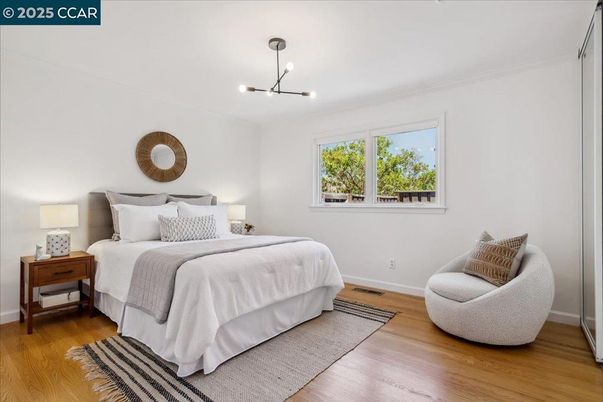 Bedroom, Interior, Pendant Lights, Wood Texture Flooring