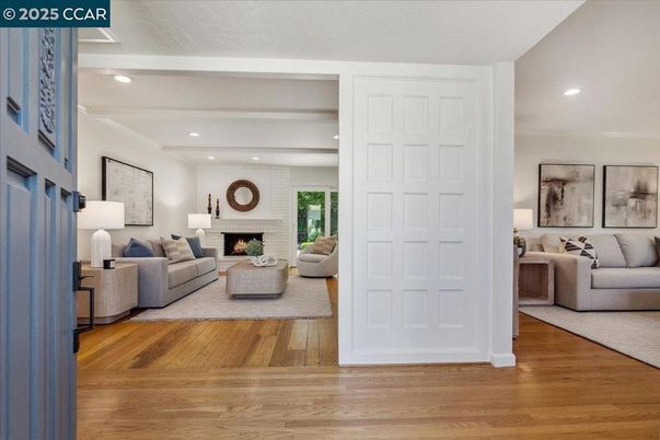 Fireplace, Interior, Living room, Recessed Lighting, Wood Texture Flooring