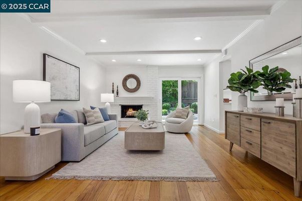 Fireplace, Interior, Living room, Recessed Lighting, Stone Walls, Wood Texture Flooring