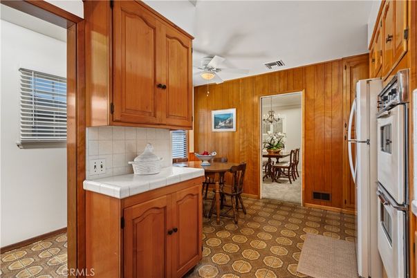 Dining room, Interior, Kitchen, Tile Countertops, Wooden Walls