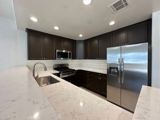 Interior, Kitchen, Marble, Recessed Lighting, Stainless Steel Appliances