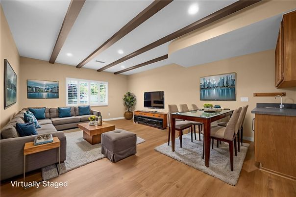 Dining room, Interior, Living room, Recessed Lighting, Wooden Beams, Wood Texture Flooring