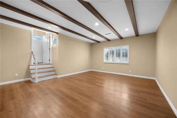 Empty room, Interior, Recessed Lighting, Wooden Beams, Wood Texture Flooring