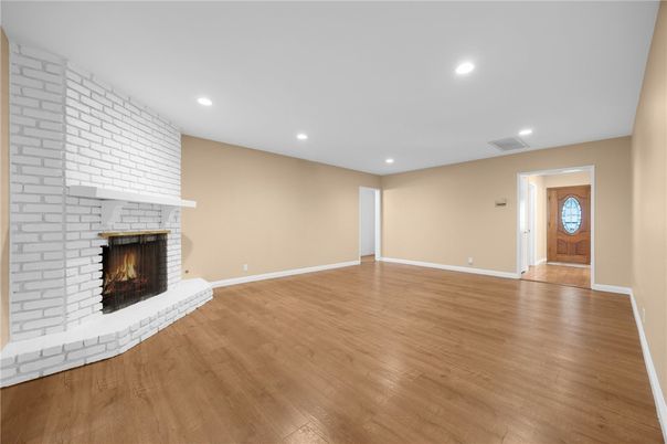 Empty room, Fireplace, Interior, Recessed Lighting, Wood Texture Flooring