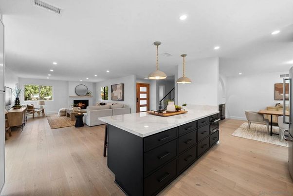 Dining room, Fireplace, Interior, Kitchen, Living room, Pendant Lights, Recessed Lighting, Wood Texture Flooring
