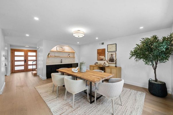 Dining room, Interior, Recessed Lighting, Wood Texture Flooring
