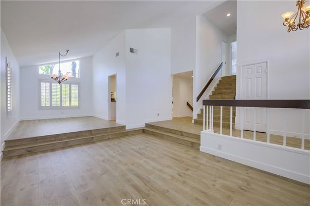 Chandelier, Empty room, Interior, Recessed Lighting, Wood Texture Flooring