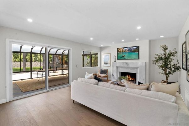 Fireplace, Interior, Living room, Recessed Lighting, Wood Texture Flooring