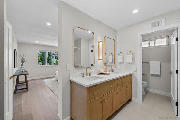 Bathroom, Dual Sink Vanities, Interior, Recessed Lighting, Wood Texture Flooring