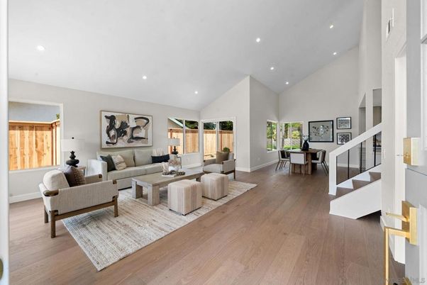 Dining room, Interior, Living room, Recessed Lighting, Wood Texture Flooring