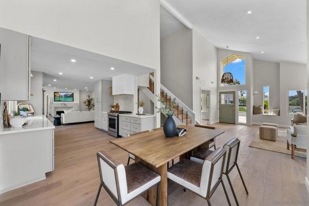 Dining room, Interior, Pendant Lights, Recessed Lighting, Wood Texture Flooring