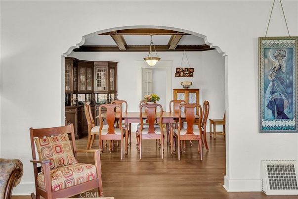 Dining room, Interior, Pendant Lights, Wooden Beams, Wood Texture Flooring