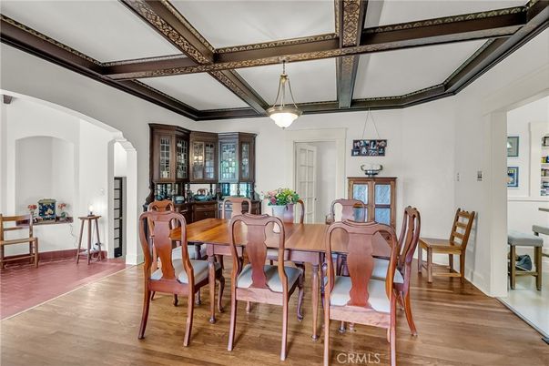 Dining room, Interior, Pendant Lights, Wooden Beams, Wood Texture Flooring