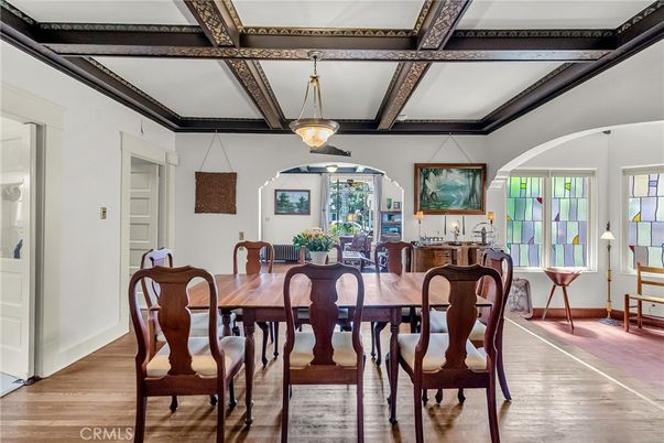 Dining room, Interior, Pendant Lights, Wooden Beams, Wood Texture Flooring