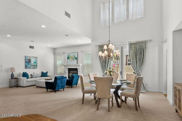 Chandelier, Dining room, Fireplace, Interior, Living room, Recessed Lighting