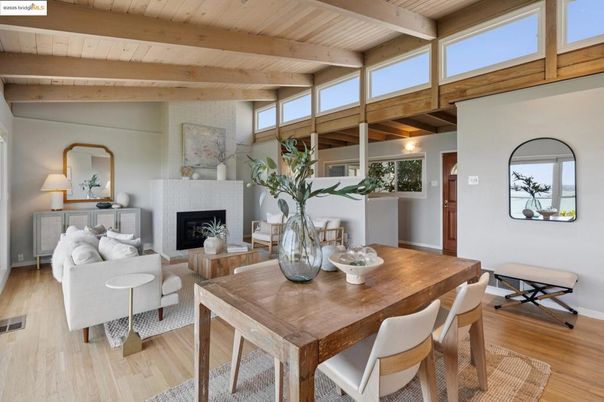 Dining room, Fireplace, Interior, Living room, Wooden Beams, Wooden Ceilings, Wood Texture Flooring
