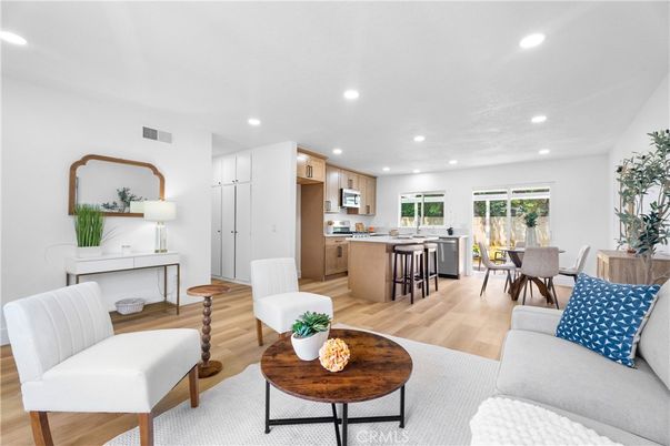 Dining room, Interior, Kitchen, Living room, Recessed Lighting, Wood Texture Flooring