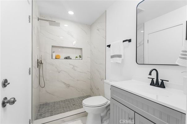 Bathroom, Glass Shower, Interior, Marble Walls, Recessed Lighting