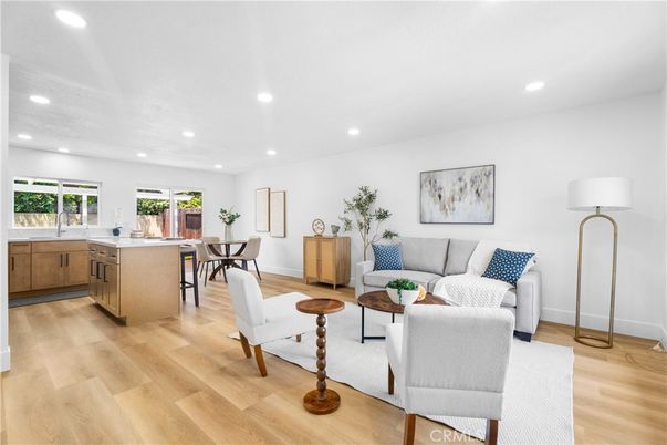 Dining room, Interior, Kitchen, Living room, Recessed Lighting, Wood Texture Flooring