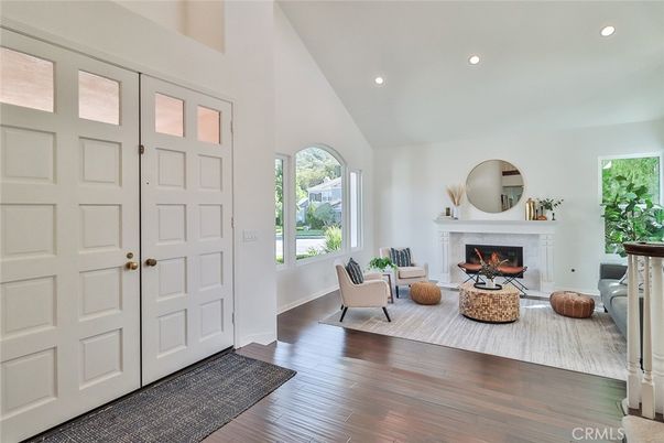 Fireplace, Interior, Living room, Recessed Lighting, Wood Texture Flooring