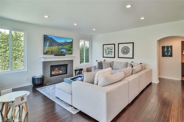 Fireplace, Interior, Living room, Recessed Lighting, Wood Texture Flooring
