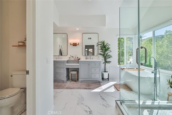 Bathroom, Dual Sink Vanities, Free Standing Baths, Glass Shower, Interior, Marble, Recessed Lighting