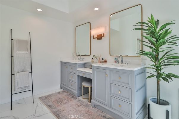 Bathroom, Dual Sink Vanities, Interior, Marble, Recessed Lighting