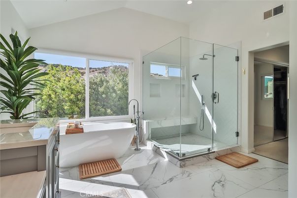 Bathroom, Free Standing Baths, Glass Shower, Interior, Marble, Recessed Lighting