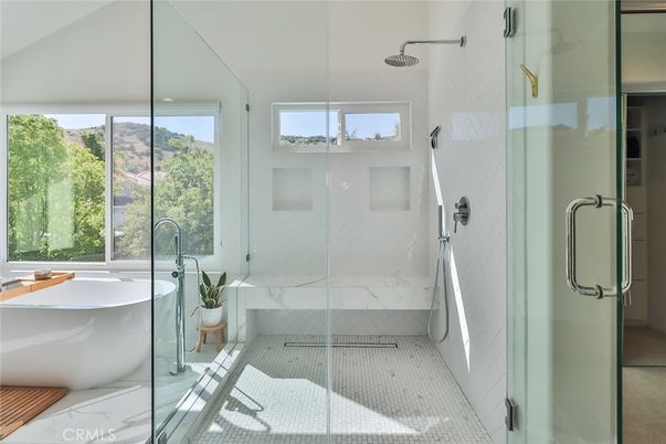 Bathroom, Free Standing Baths, Glass Shower, Interior, Marble Walls