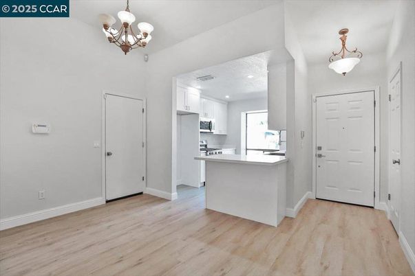 Chandelier, Interior, Kitchen, Pendant Lights, Recessed Lighting, Wood Texture Flooring
