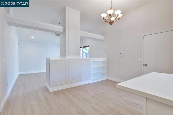 Chandelier, Empty room, Interior, Recessed Lighting, Wood Texture Flooring