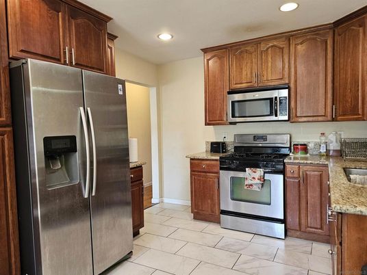 Interior, Kitchen, Marble, Recessed Lighting, Stainless Steel Appliances