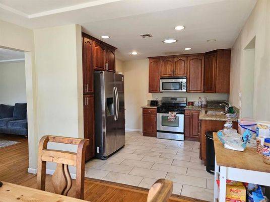 Interior, Kitchen, Recessed Lighting, Stainless Steel Appliances, Wood Texture Flooring