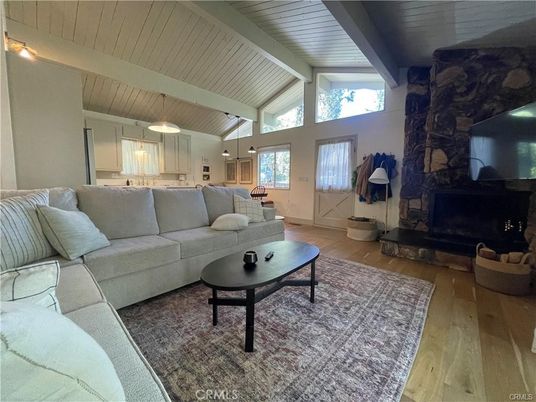 Fireplace, Interior, Kitchen, Living room, Pendant Lights, Wood Texture Flooring