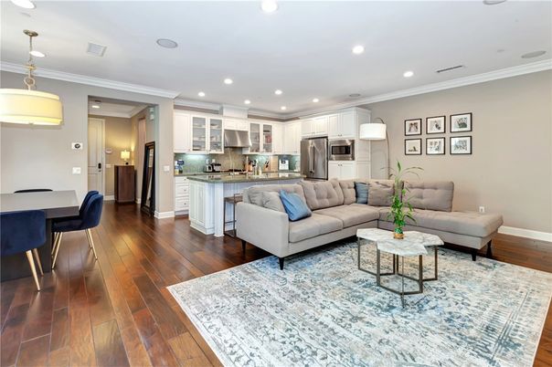 Interior, Kitchen, Living room, Pendant Lights, Recessed Lighting, Stainless Steel Appliances, Wood Texture Flooring