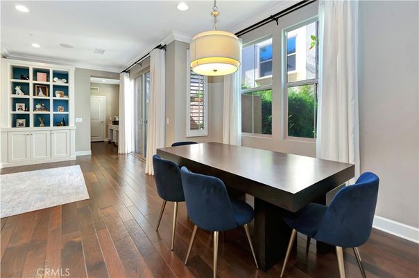 Dining room, Interior, Pendant Lights, Recessed Lighting, Wood Texture Flooring