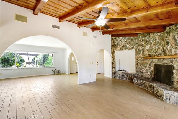 Empty room, Fireplace, Interior, Stone Walls, Wooden Beams, Wooden Ceilings, Wood Texture Flooring