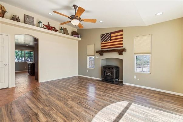 Empty room, Fireplace, Interior, Recessed Lighting, Wood Texture Flooring