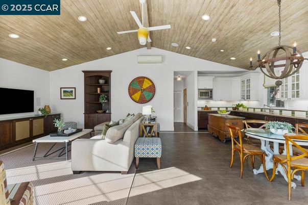 Chandelier, Interior, Kitchen, Living room, Recessed Lighting, Wooden Ceilings