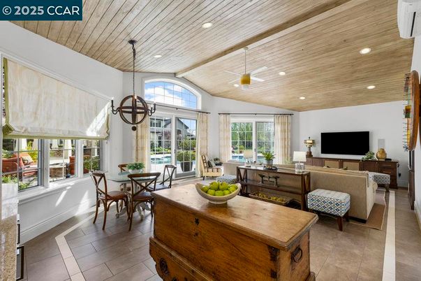 Dining room, Interior, Living room, Pendant Lights, Recessed Lighting, Wooden Ceilings