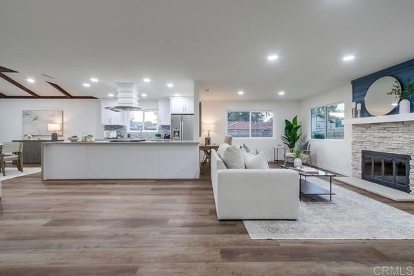 Fireplace, Interior, Kitchen, Living room, Recessed Lighting, Wood Texture Flooring