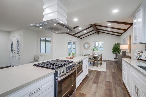 Dining room, Interior, Kitchen, Recessed Lighting, Wooden Beams, Wood Texture Flooring