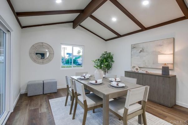 Dining room, Interior, Recessed Lighting, Wooden Beams, Wood Texture Flooring