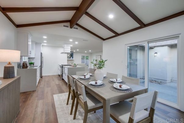 Dining room, Interior, Kitchen, Pendant Lights, Recessed Lighting, Wooden Beams, Wood Texture Flooring