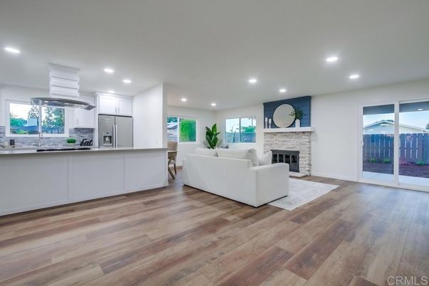 Fireplace, Interior, Kitchen, Living room, Pendant Lights, Recessed Lighting, Wood Texture Flooring