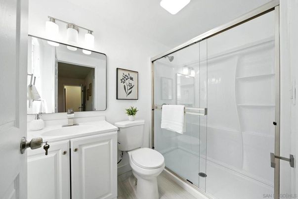 Bathroom, Glass Shower, Interior, Wood Texture Flooring