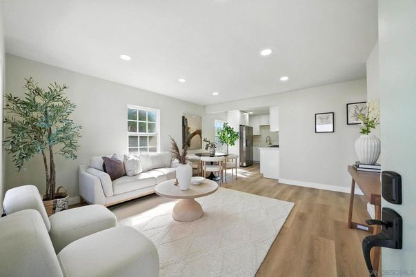 Dining room, Interior, Living room, Recessed Lighting, Wood Texture Flooring