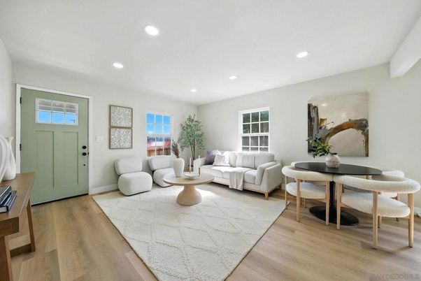 Dining room, Interior, Living room, Recessed Lighting, Wood Texture Flooring